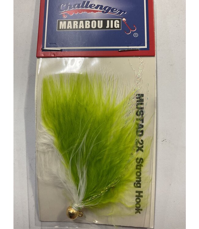 Challenger Lures CHALLENGER MARABOU JIG GOLD HEAD CHARTREUSE WHITE BODY W/FLASH 1/16oz