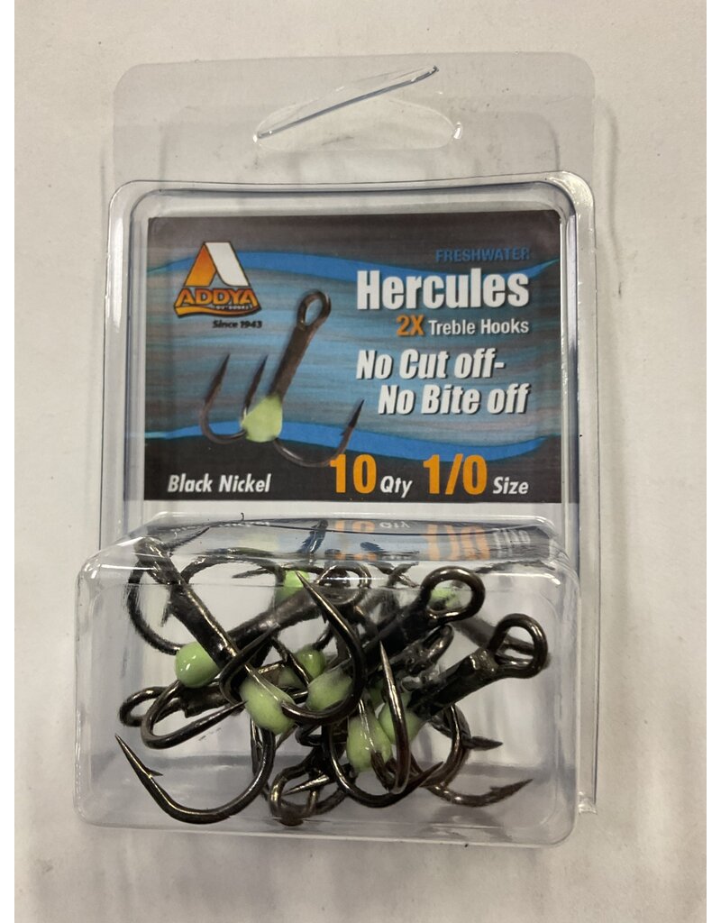 Addya Outdoors Inc. ADDYA HERCULES NO CUT OFF NO BITE BLACK NICKEL TREBLE HOOKS SZ 1/0 10PK