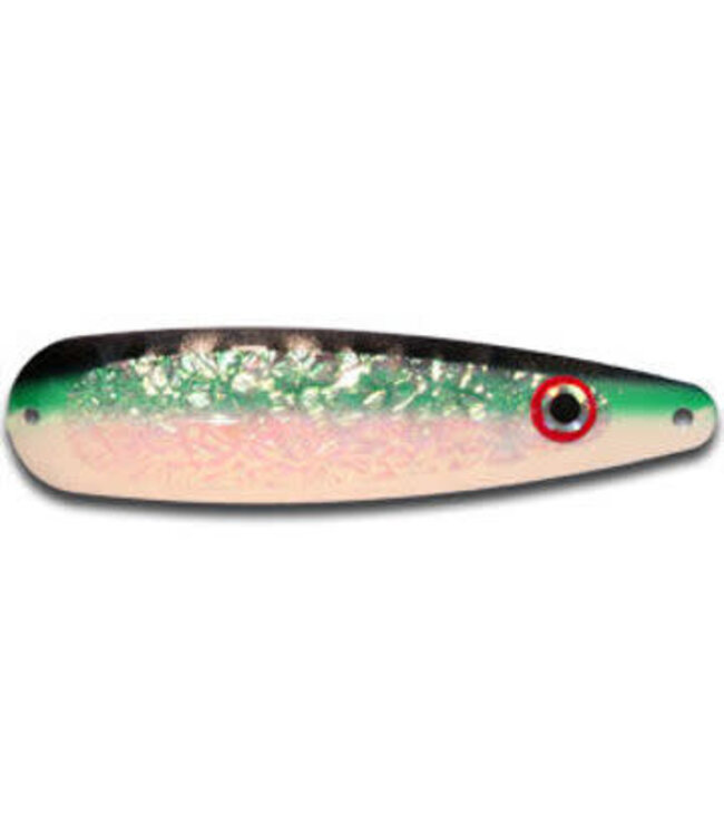 WARRIOR LURES (ST007) WARRIOR LURES TROLLING SPOON STANDARD GLOW GREEN ALEWIFE BLK BACK W/GREEN SIDE W/CLEAR CRUSH DIE-CUT