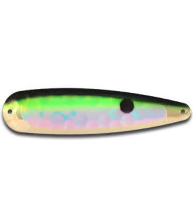 WARRIOR LURES WARRIOR LURES TROLLING SPOON MAGNUM  ELITE SALMON CANDY UV BLK BACK/BLK EYE/SOFT GREEN SHADING