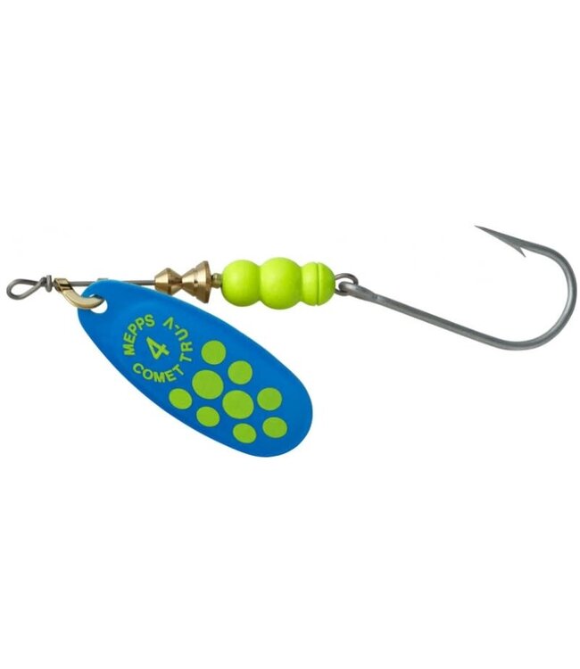 SHELDONS (MEPPS) MEPPS COMET TRU-V (SALMON RIVER LEGAL SINGLE) 1/3 OZ TRU-V BLUE/CHARTREUSE DOTS (CTV4PR TBCH)