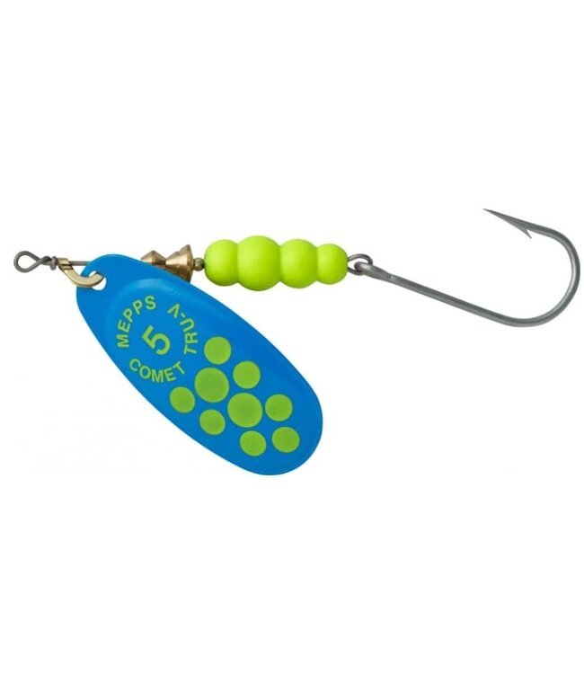 SHELDONS (MEPPS) MEPPS COMET TRU-V (SALMON RIVER LEGAL SINGLE) 1/2OZ BLUE CHARTREUSE DOTS (CTV5PR TBCH)