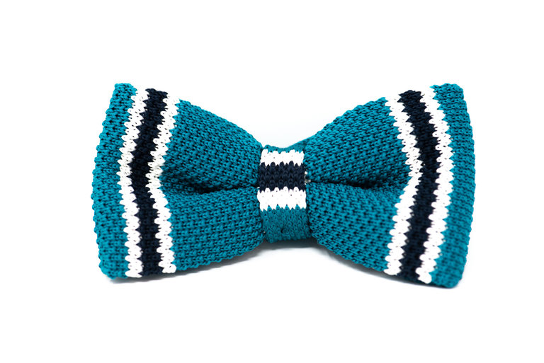 Ecliff Elie Knitted Teal, Navy Blue and White Stripes  Bow Tie