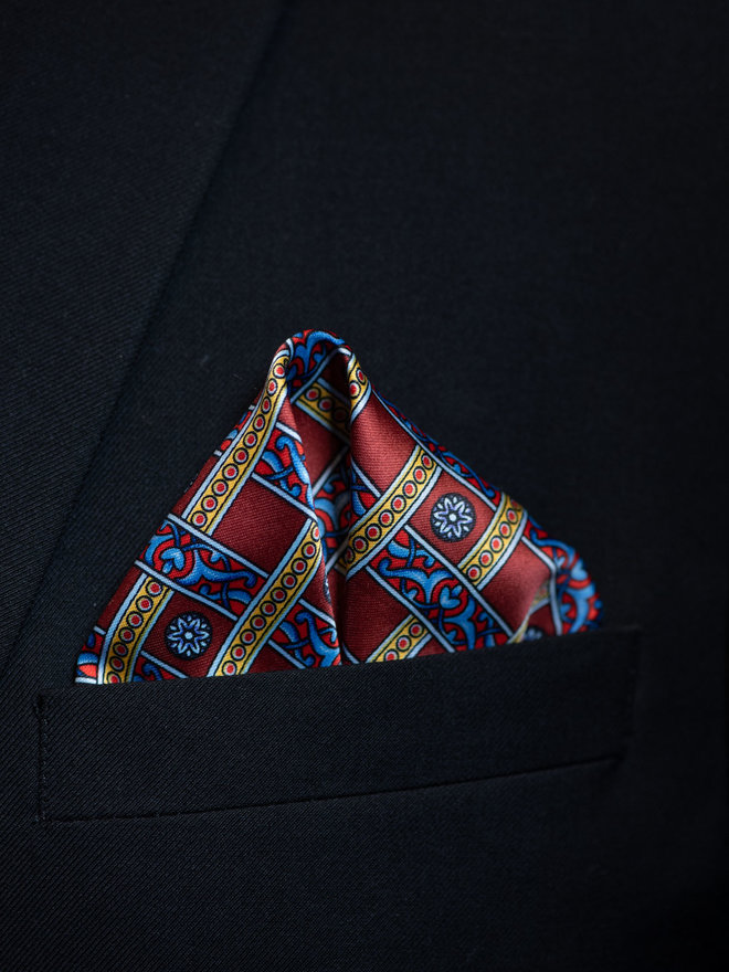 DQT Black & Burgundy Woven Pocket Square – Swirl Pattern, Formal Handkerchief For Men