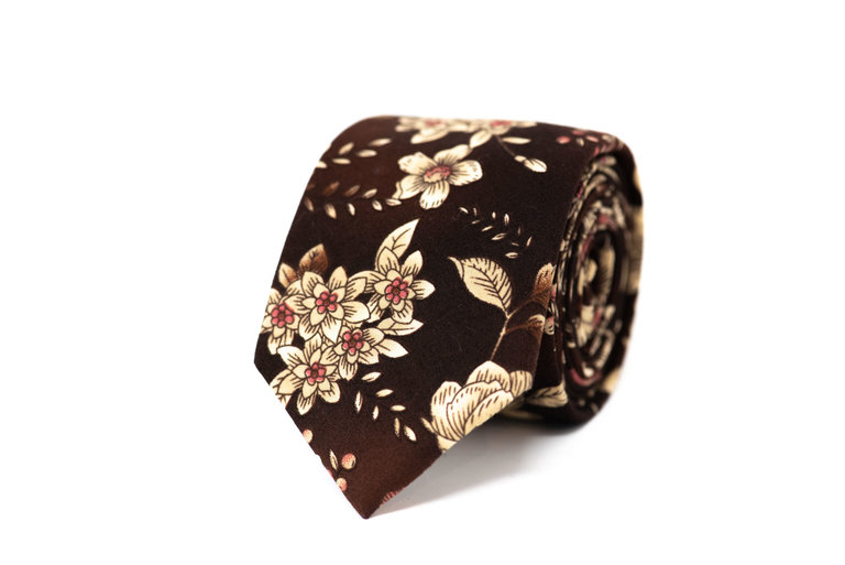 Ecliff Elie Cotton Brown With Off-White Floral Pattern Tie