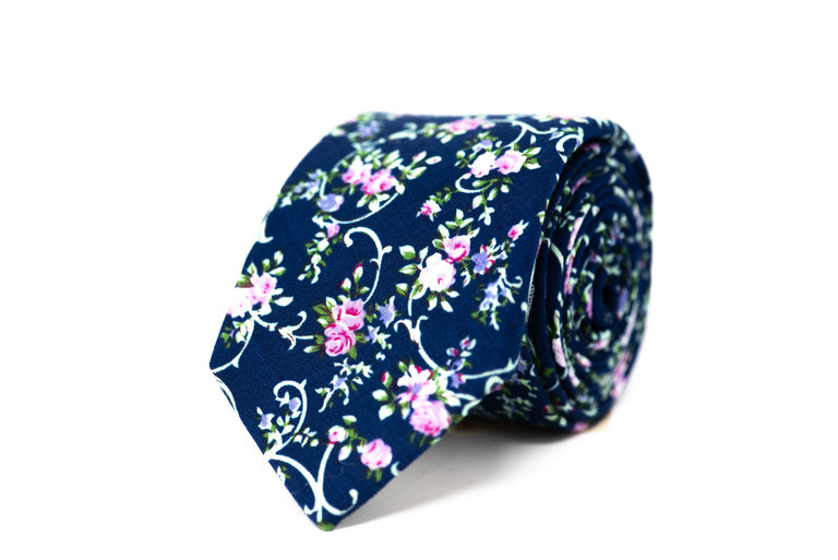 Ecliff Elie Cotton Navy Blue With Pink Flowers Tie