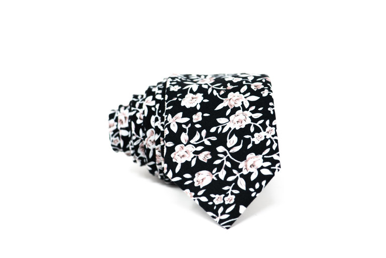 Ecliff Elie Cotton Black With Mini Rose Pink Floral Tie