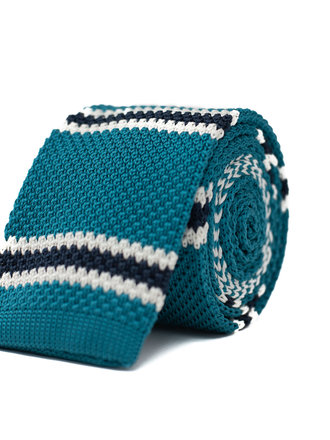 Ecliff Elie Knitted Teal, White and Navy Blue Striped Tie