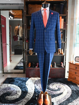 Ecliff Elie Navy and Azure Windowpane Plaid Blazer 56