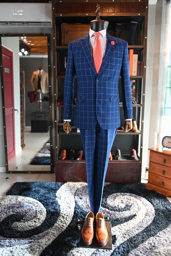 Ecliff Elie Navy and Azure Windowpane Plaid Blazer 56