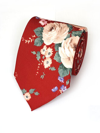 Ecliff Elie Sheen Finish Red Cotton Floral  Tie
