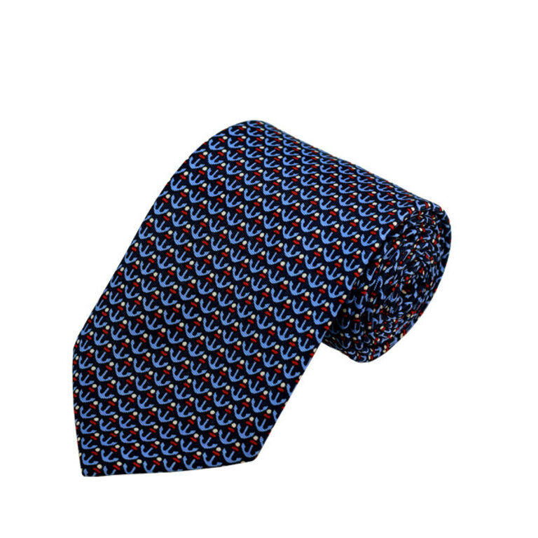 Ecliff Elie Steel Blue W. Red/White Anchor Pattern on Navy Men’s Printed Design Necktie