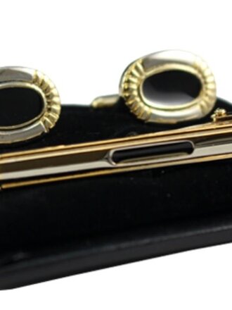 Ecliff Elie Accented Gold and Black Oval Cufflink and Tie Bar Set
