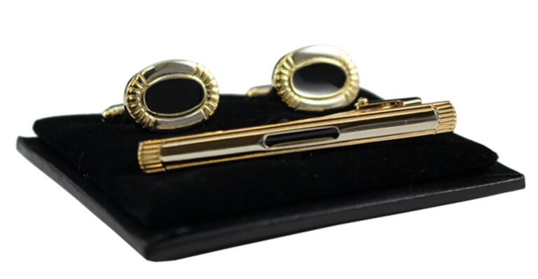 Ecliff Elie Accented Gold and Black Oval Cufflink and Tie Bar Set