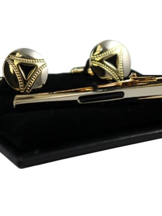 Ecliff Elie Rounded Silver and Black with Accented Gold Triangular Cufflink and Tie Bar Set