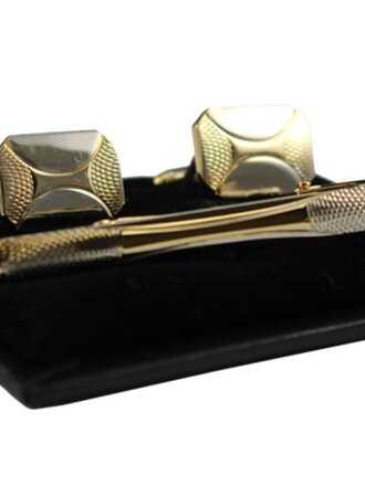 Ecliff Elie Webbed Gold and Silver Octagonal Rectangular Cufflink and Tie Bar Set