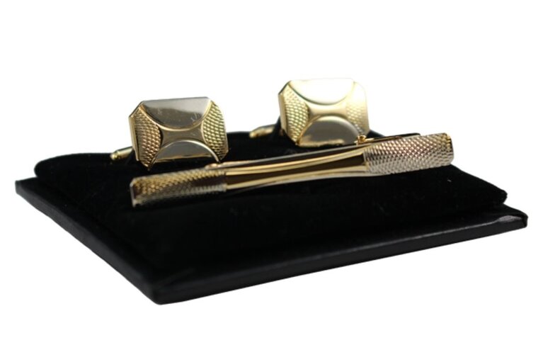 Ecliff Elie Webbed Gold and Silver Octagonal Rectangular Cufflink and Tie Bar Set