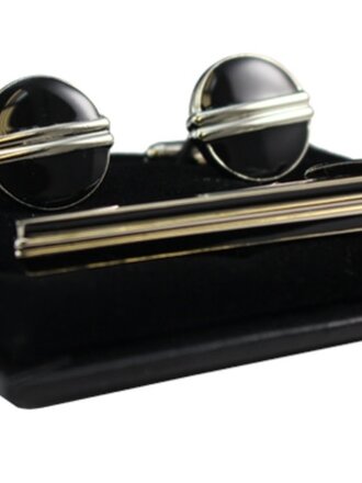 Ecliff Elie Round Silver and Black Cufflink and Tie Bar Set