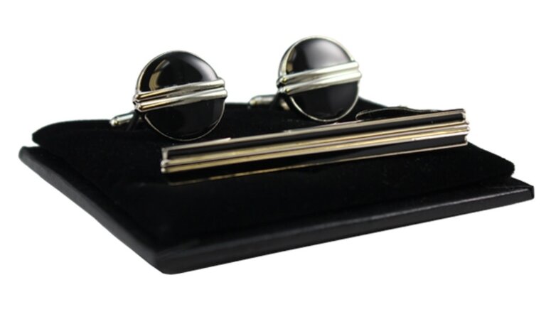 Ecliff Elie Round Silver and Black Cufflink and Tie Bar Set