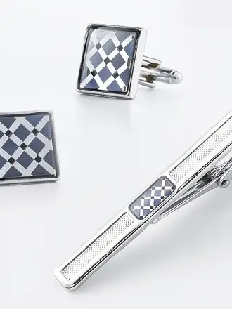 Ecliff Elie Geometric Design Silver and blue Cufflink and Tie Bar Set