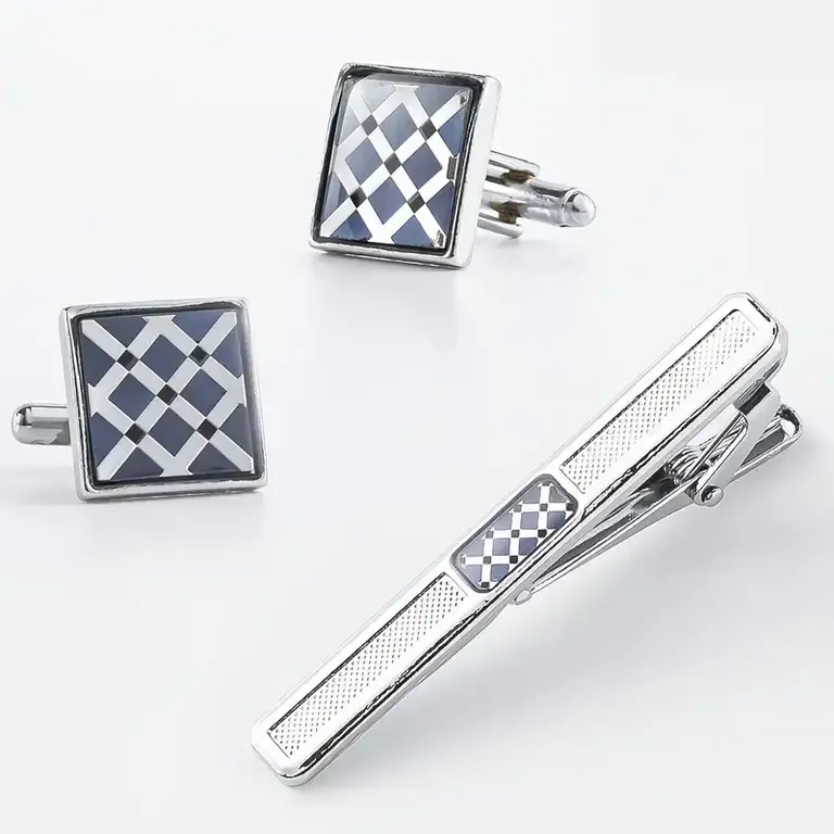 Ecliff Elie Geometric Design Silver and blue Cufflink and Tie Bar Set
