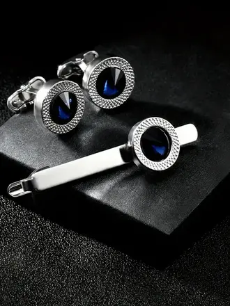Ecliff Elie Circle Silver with Dark Blue stone Cufflink and Tie Bar