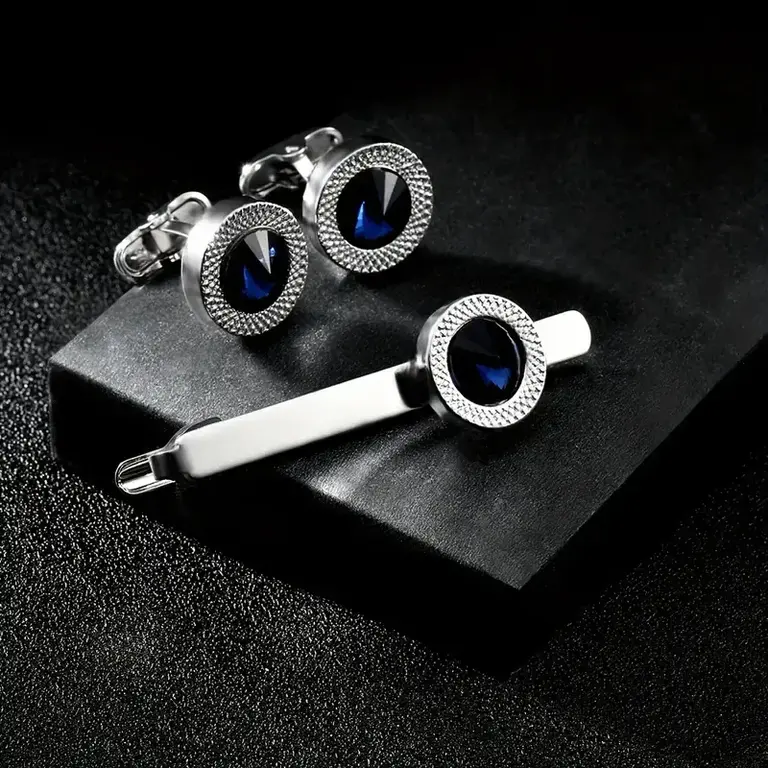 Ecliff Elie Circle Silver with Dark Blue stone Cufflink and Tie Bar