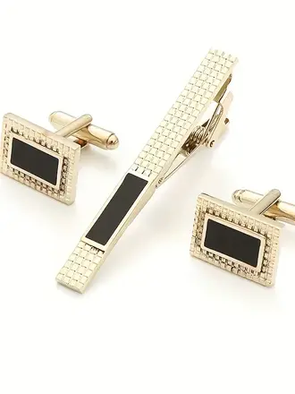Ecliff Elie Matte Satin Gold & Black Rectangular Cufflink and Tie Bar