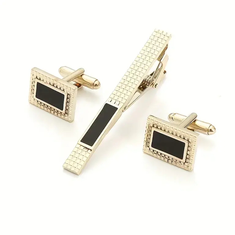 Ecliff Elie Matte Satin Gold & Black Rectangular Cufflink and Tie Bar