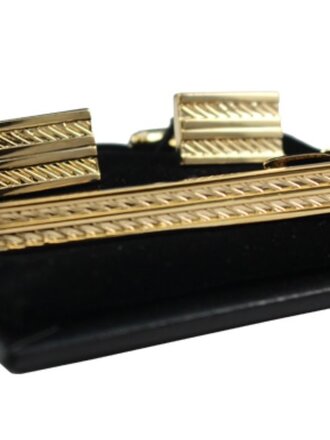 Ecliff Elie Double Lined Accented Gold Cufflink & Tie Bar Set
