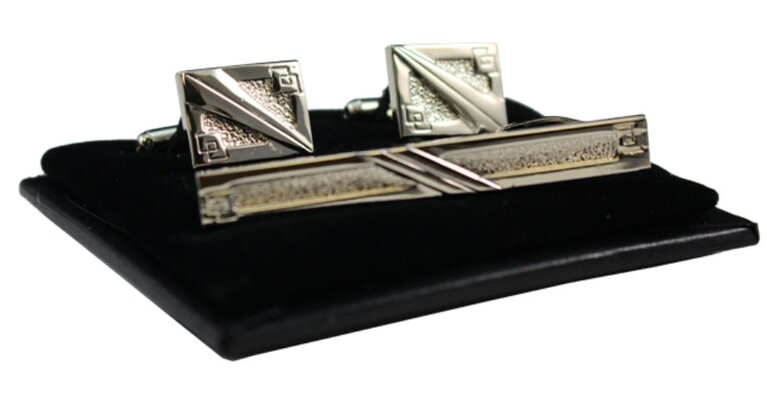 Ecliff Elie Bordered Silver Cufflink & Tie Bar Set