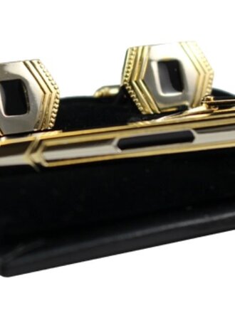 Ecliff Elie Gold and Black Accented Emblem Cufflink and Tie Bar