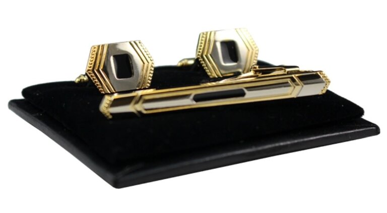 Ecliff Elie Gold and Black Accented Emblem Cufflink and Tie Bar