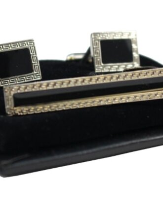 Ecliff Elie Accented Silver and Black Rectangular Cufflink & Tie Bar Set