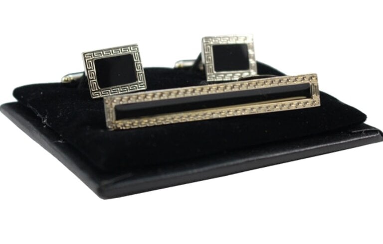 Ecliff Elie Accented Silver and Black Rectangular Cufflink & Tie Bar Set