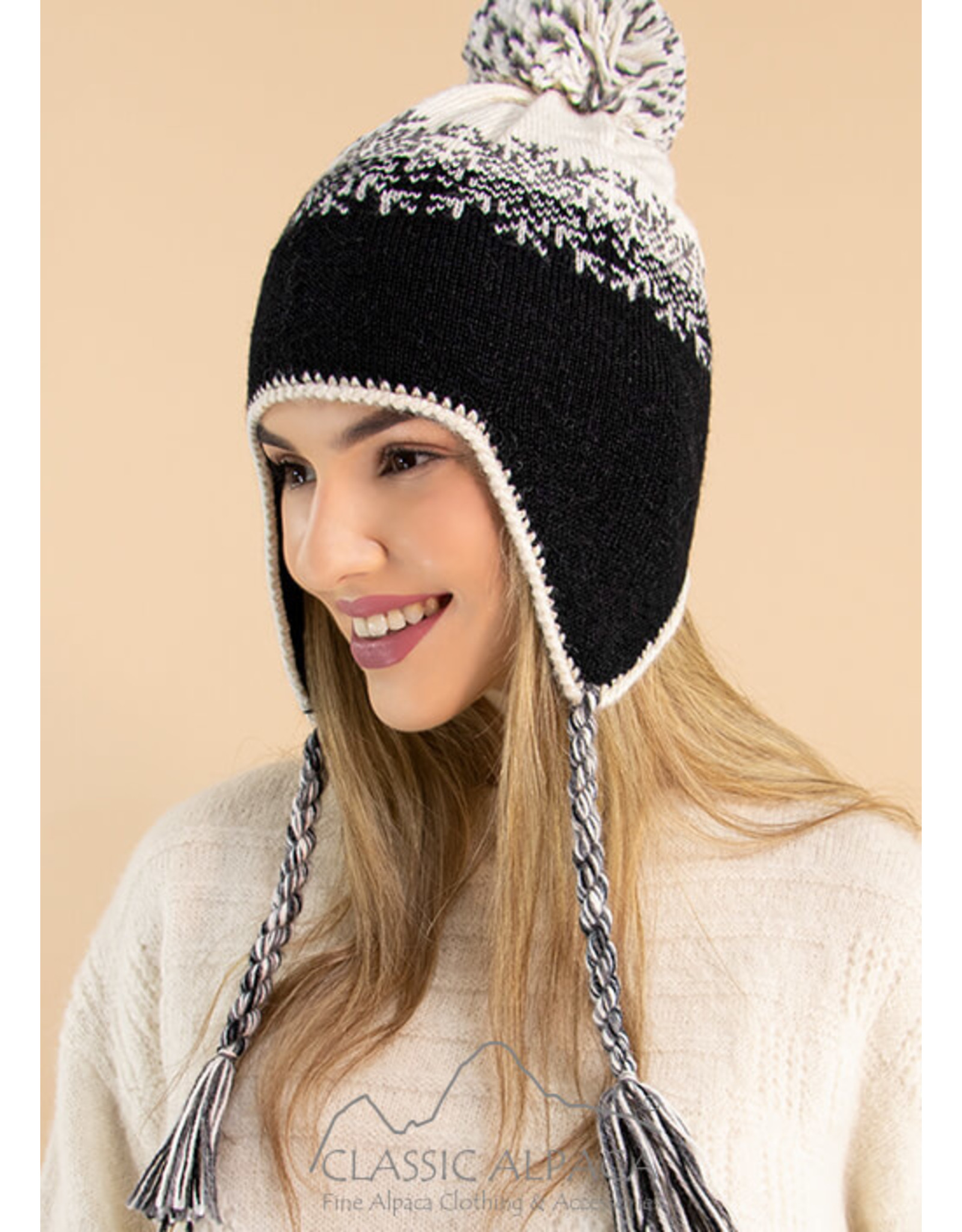 Alpaca Ski Hat with Ear Flaps - Fleece Lining - Black/Natural