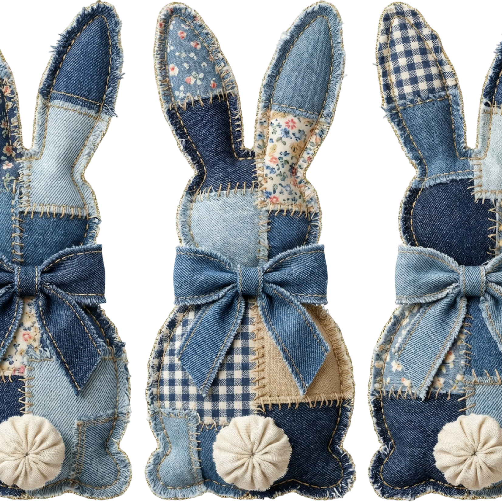 Blue Jean Patchwork Bunny Trio Transfer