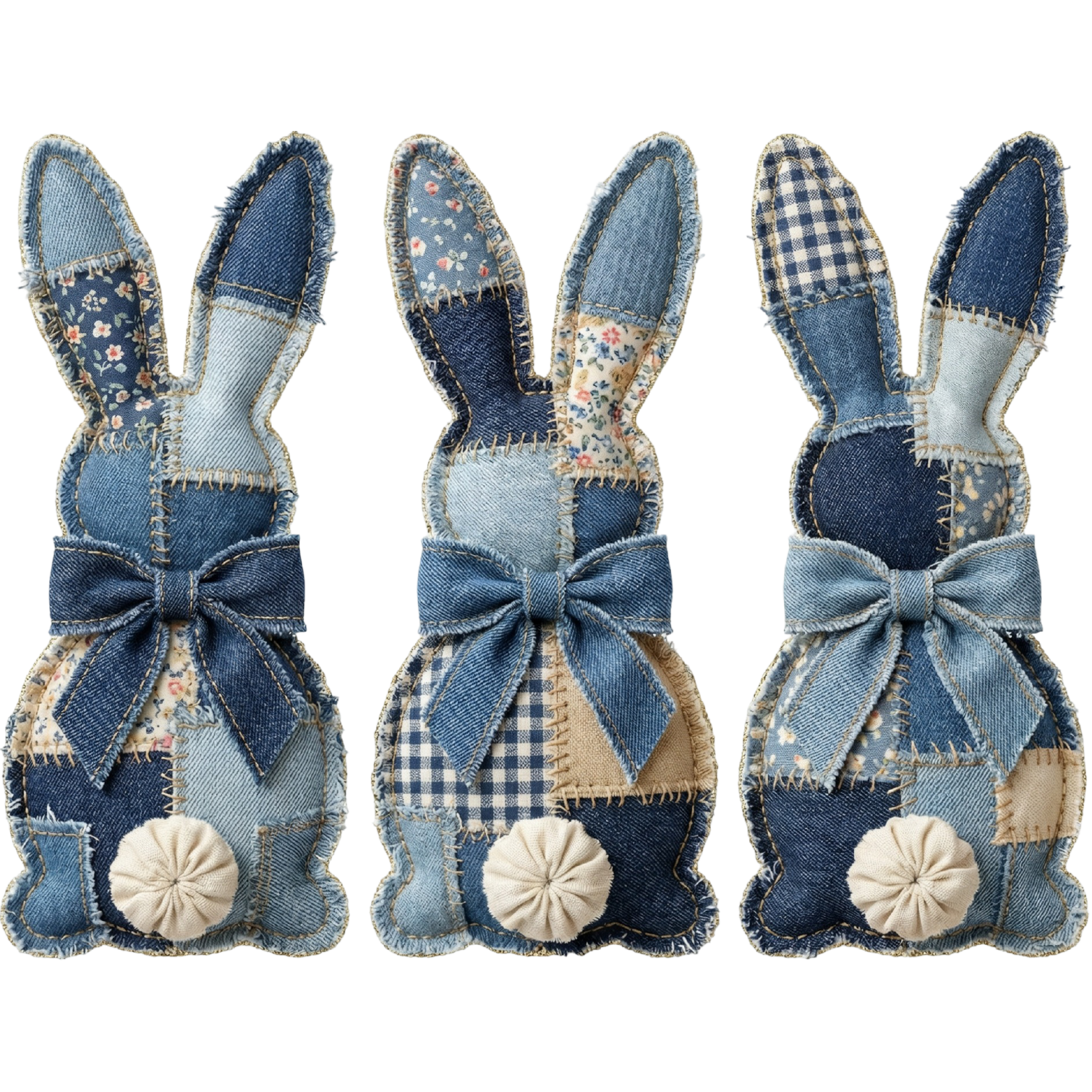 Blue Jean Patchwork Bunny Trio Transfer