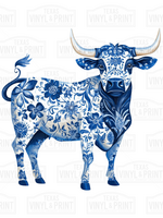 Blue and White Floral Cow