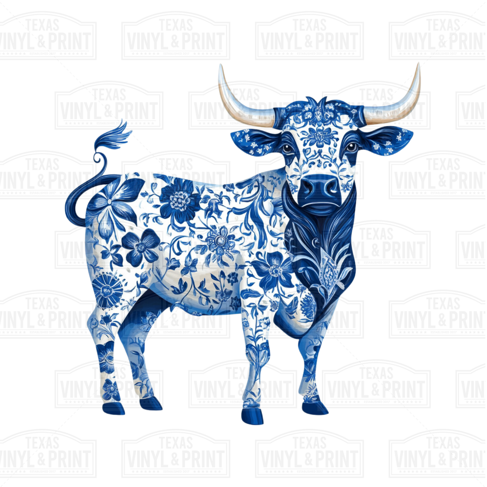 Blue and White Floral Cow