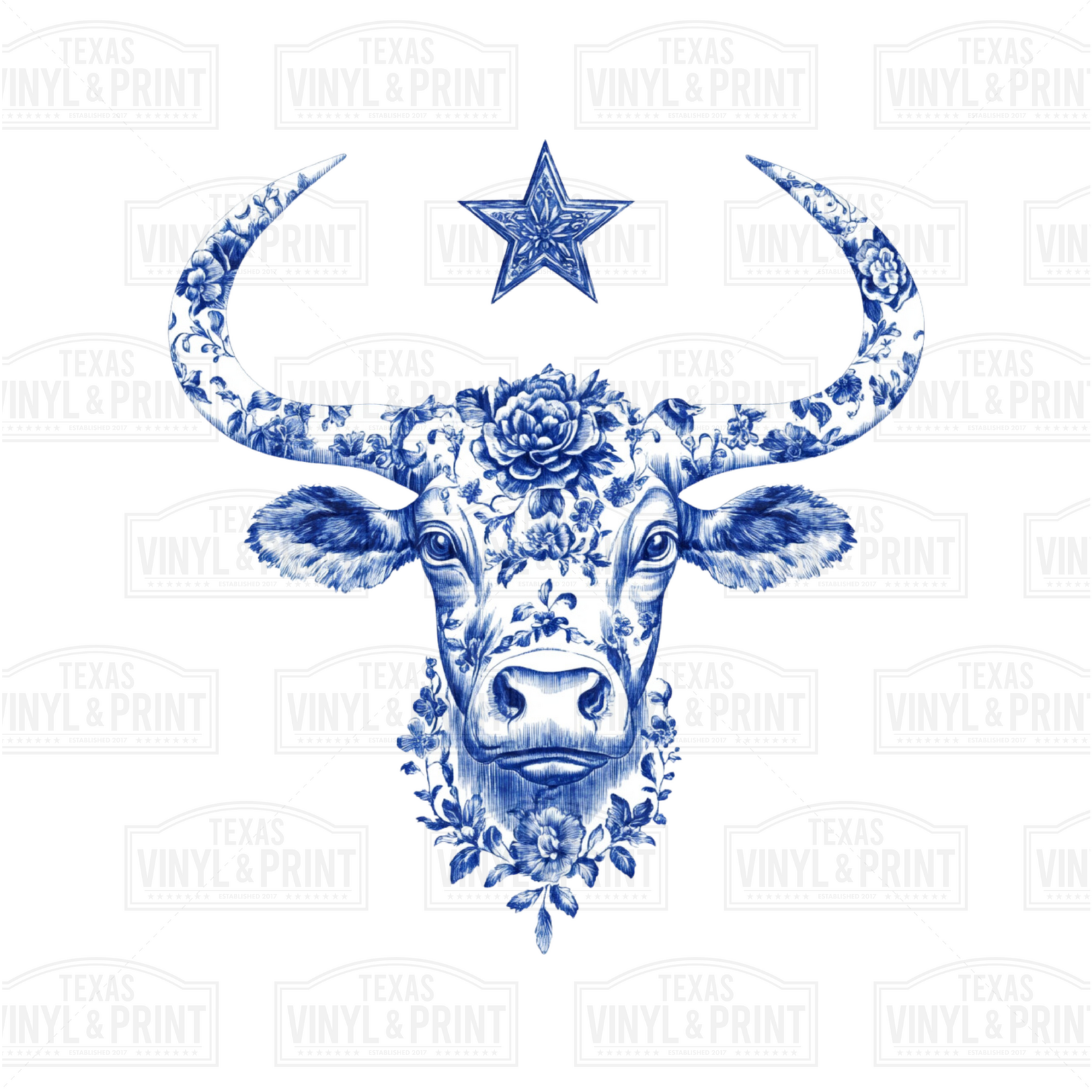 Blue and White Floral Cow