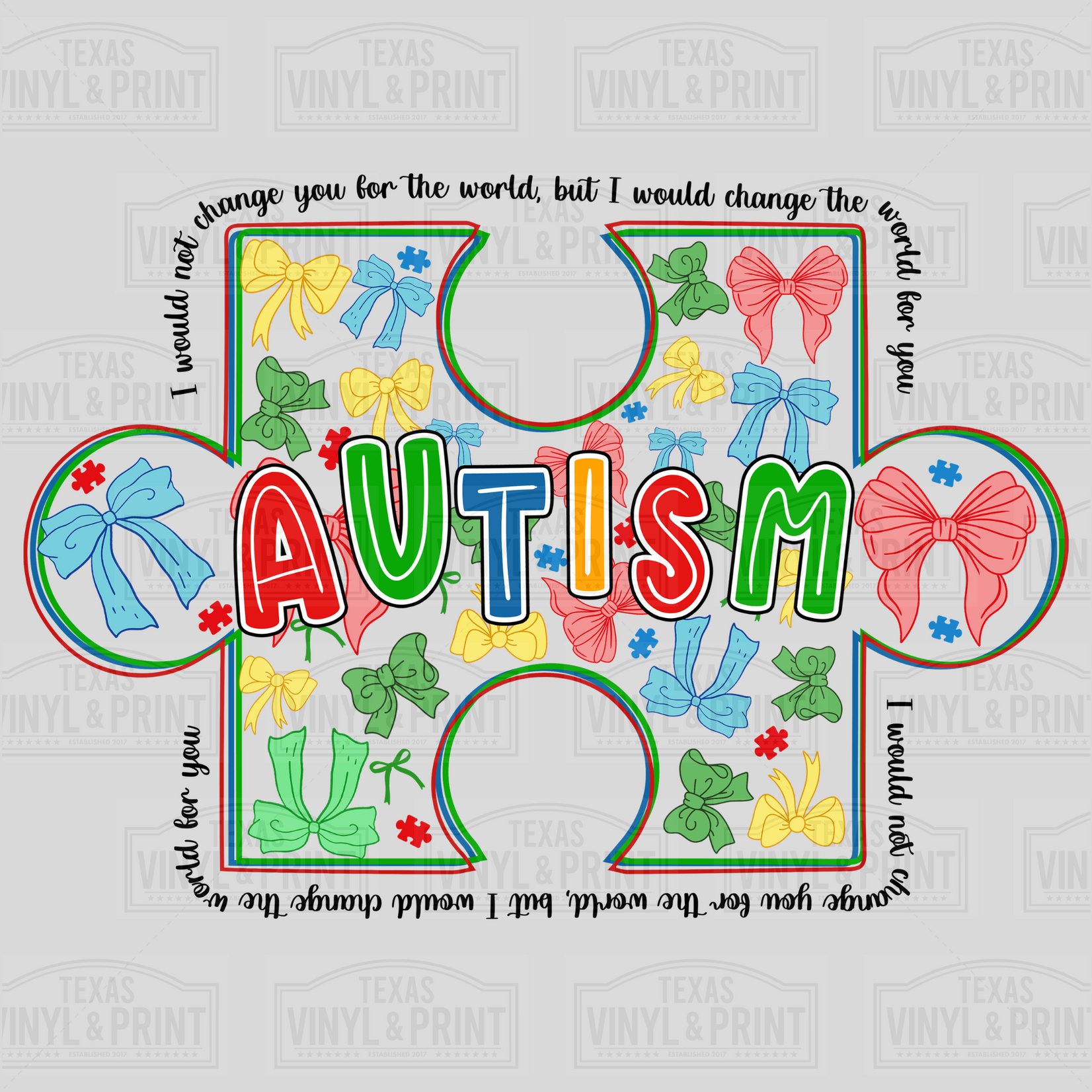 Autism Awareness Puzzle Piece with Bows Transfer