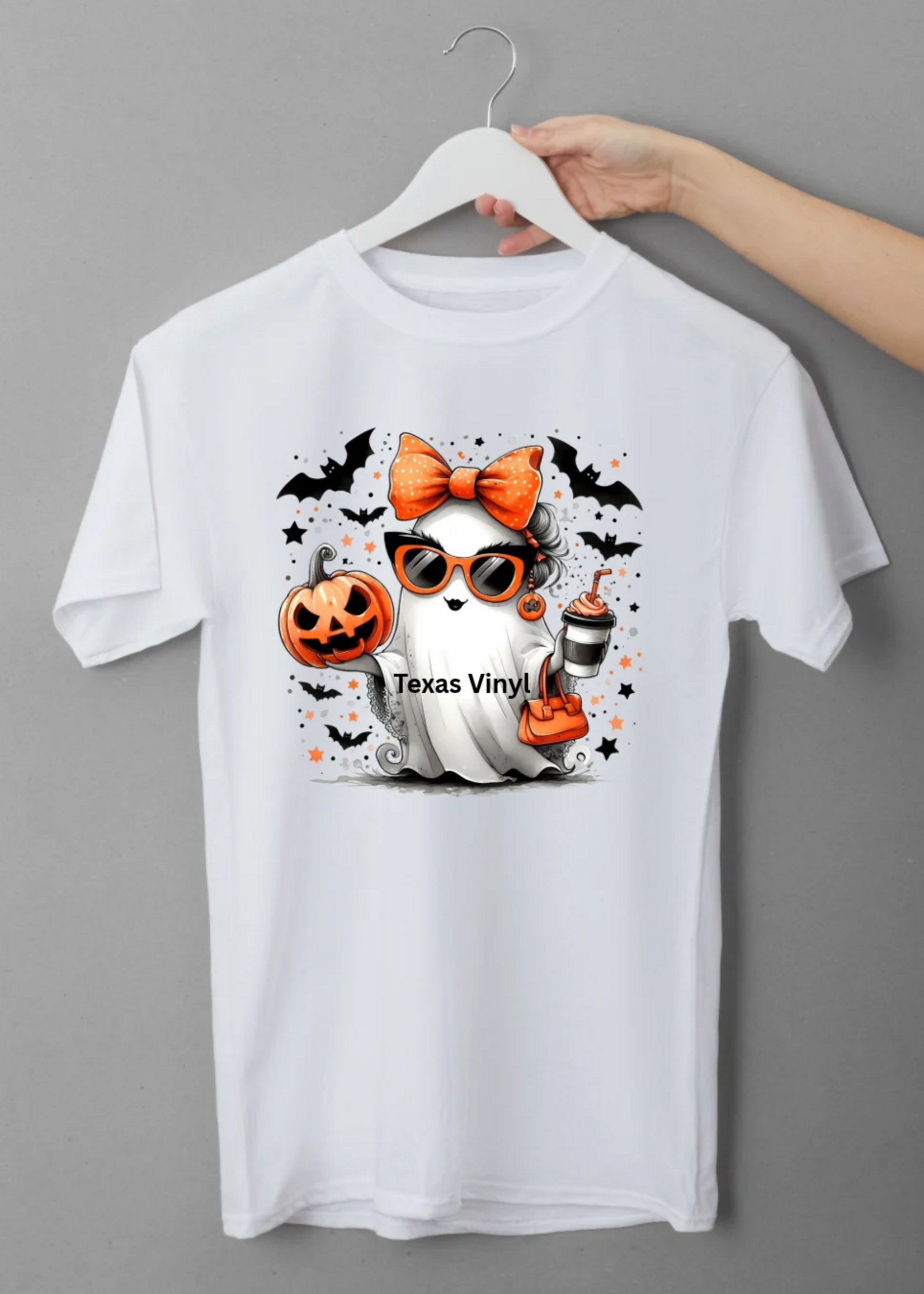 Halloween Ghost with Orange Bow & Pumpkin - Direct To Film Transfer