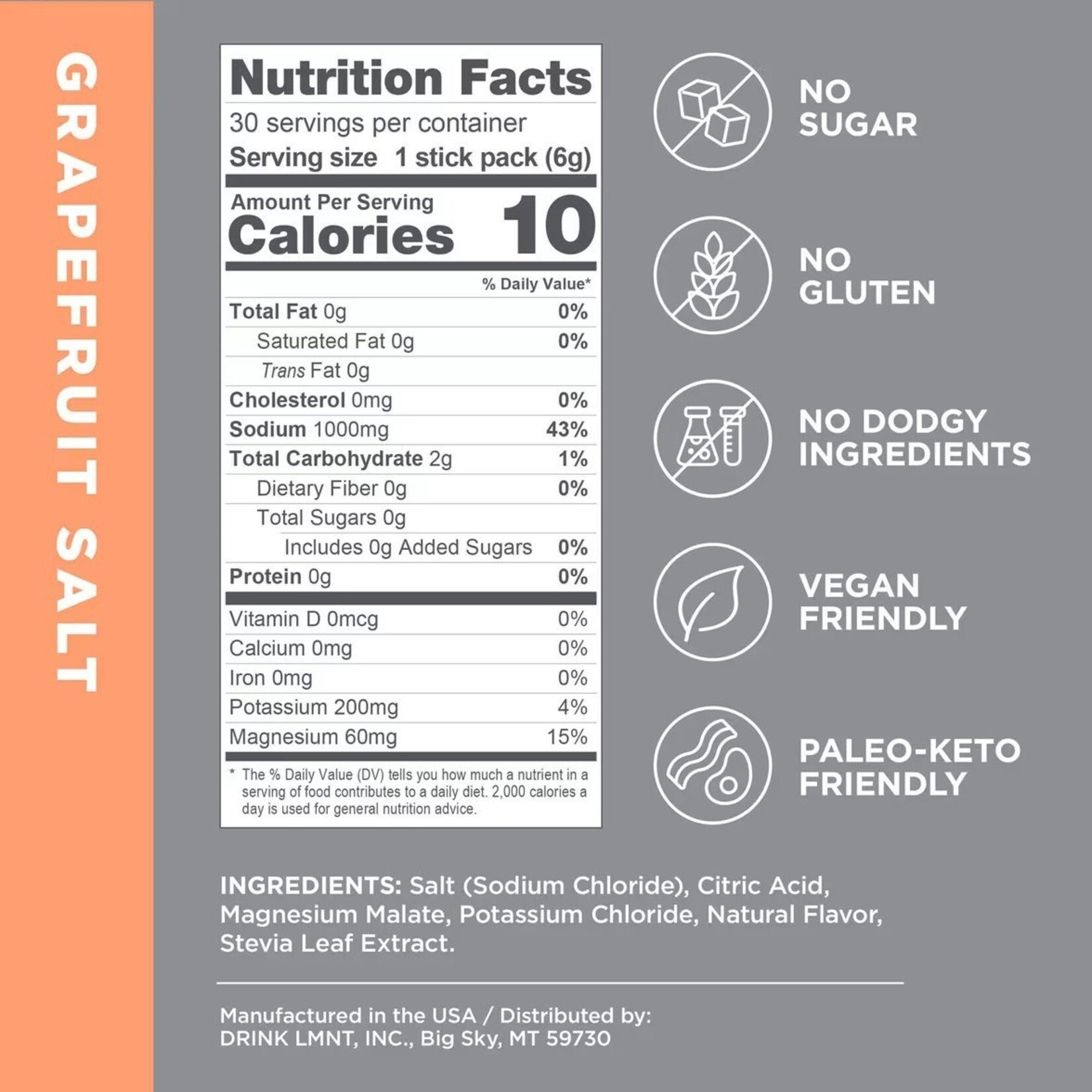LMNT Zero-Sugar Electrolytes Drink Mix Grapefruit Salt - single