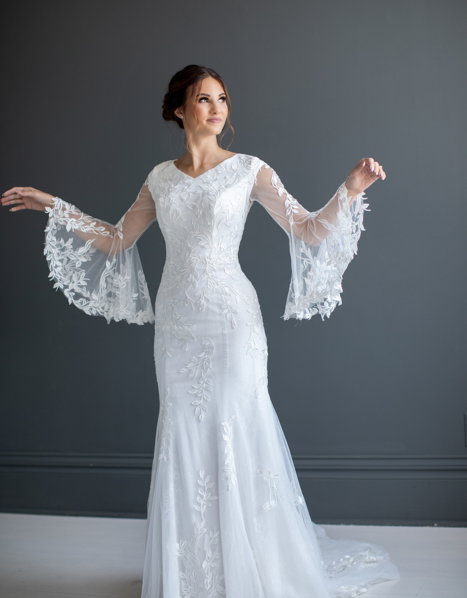 Camelia a modest lace A-line with full-length sleeves - WED2B