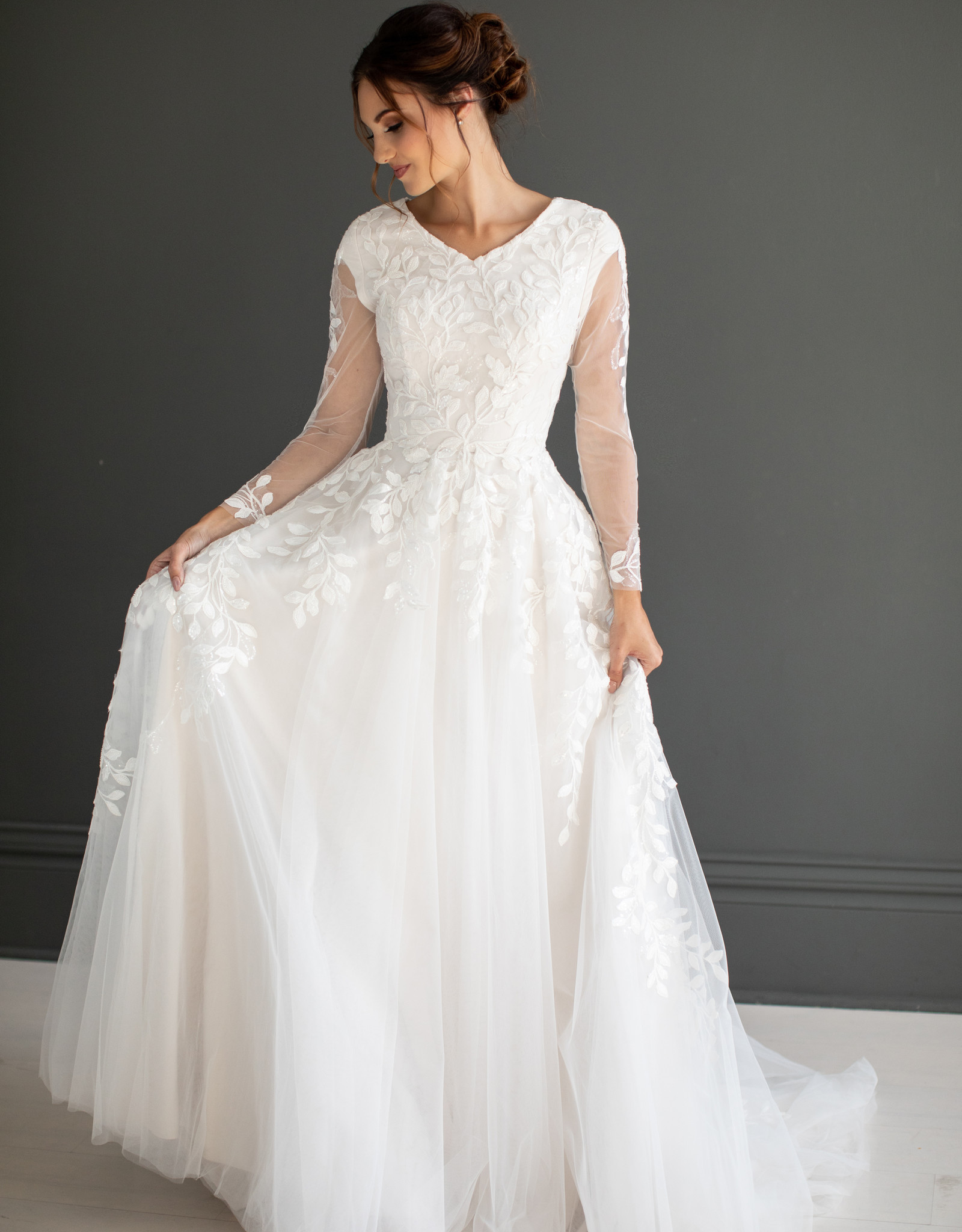 Long Sleeve Beaded Lace Modest Wedding Dress