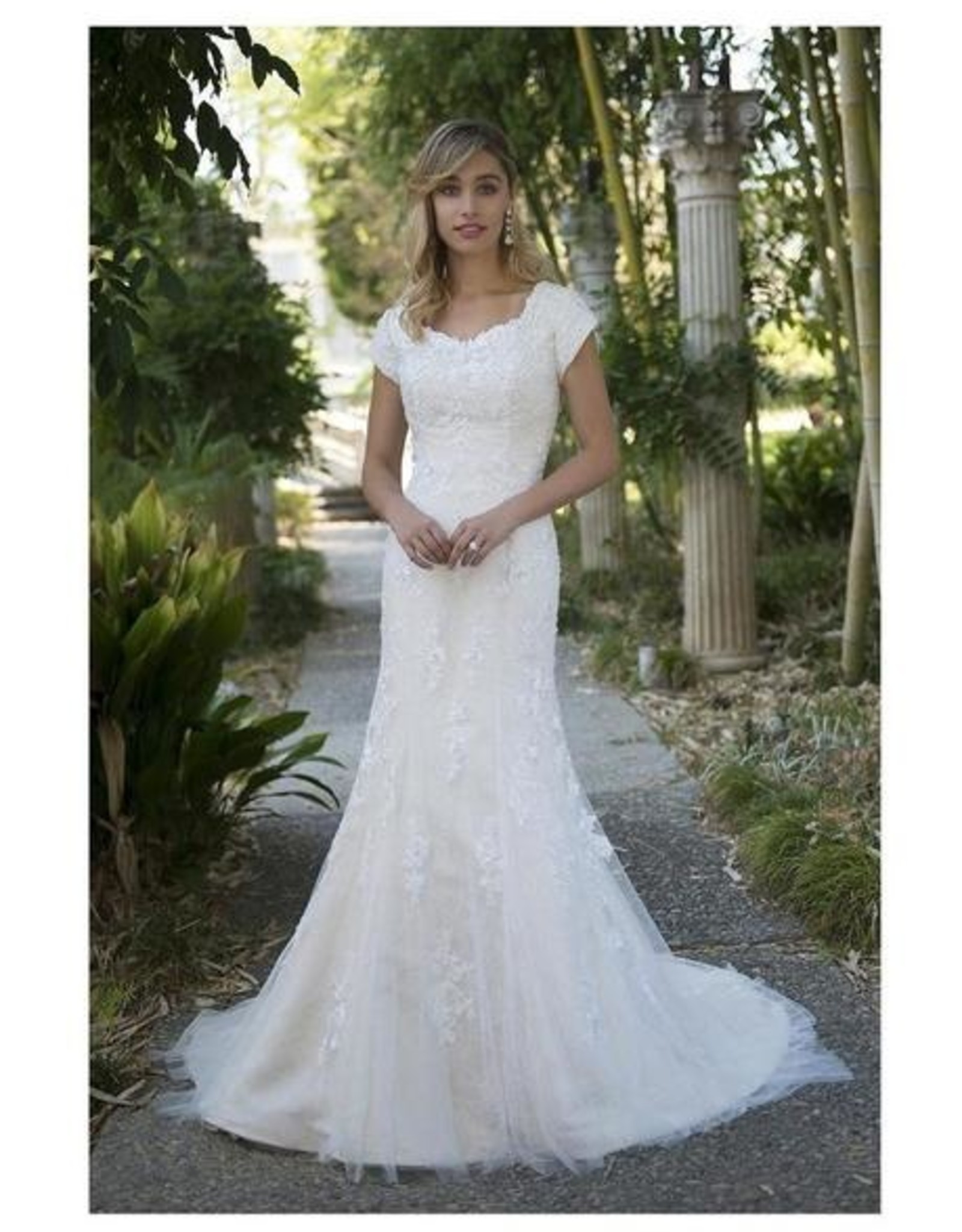 Floral Applique Sheer Bodice Crepe Wedding Dress