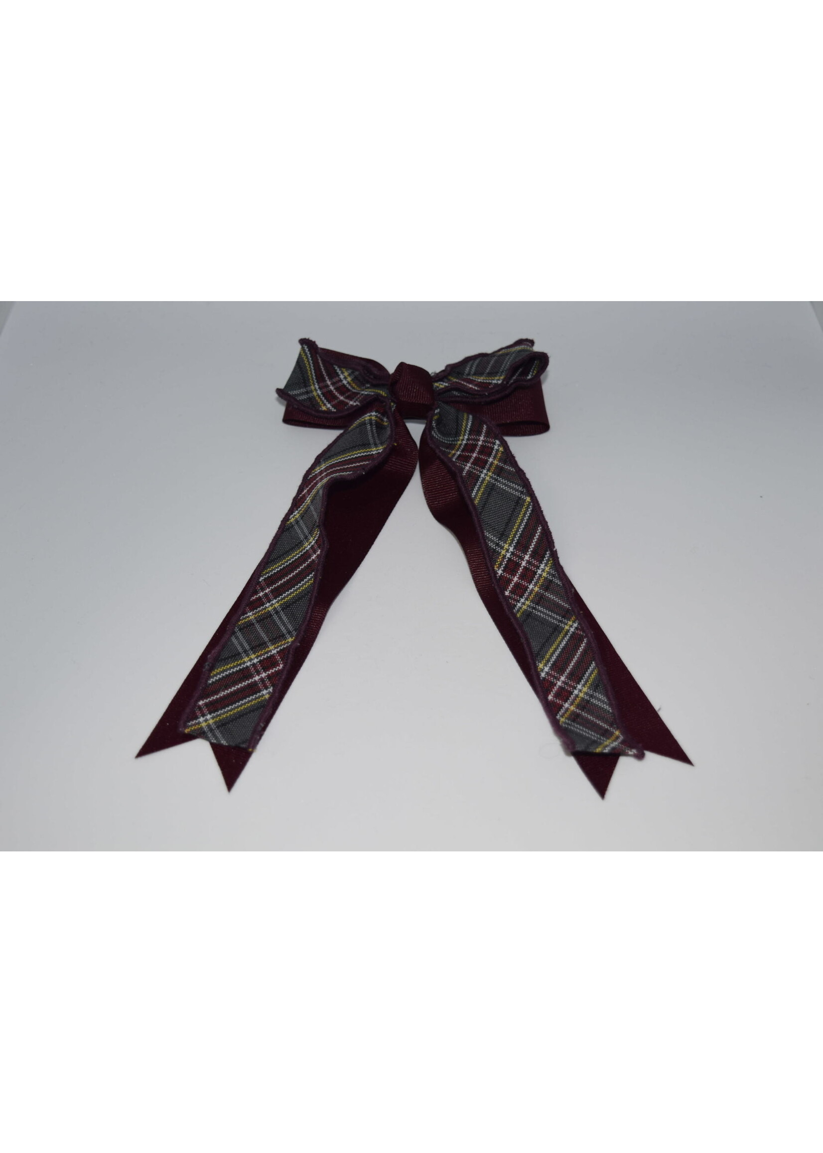 Large 2-layered plaid & grosgrain ribbon bow w/tails P43 WHT