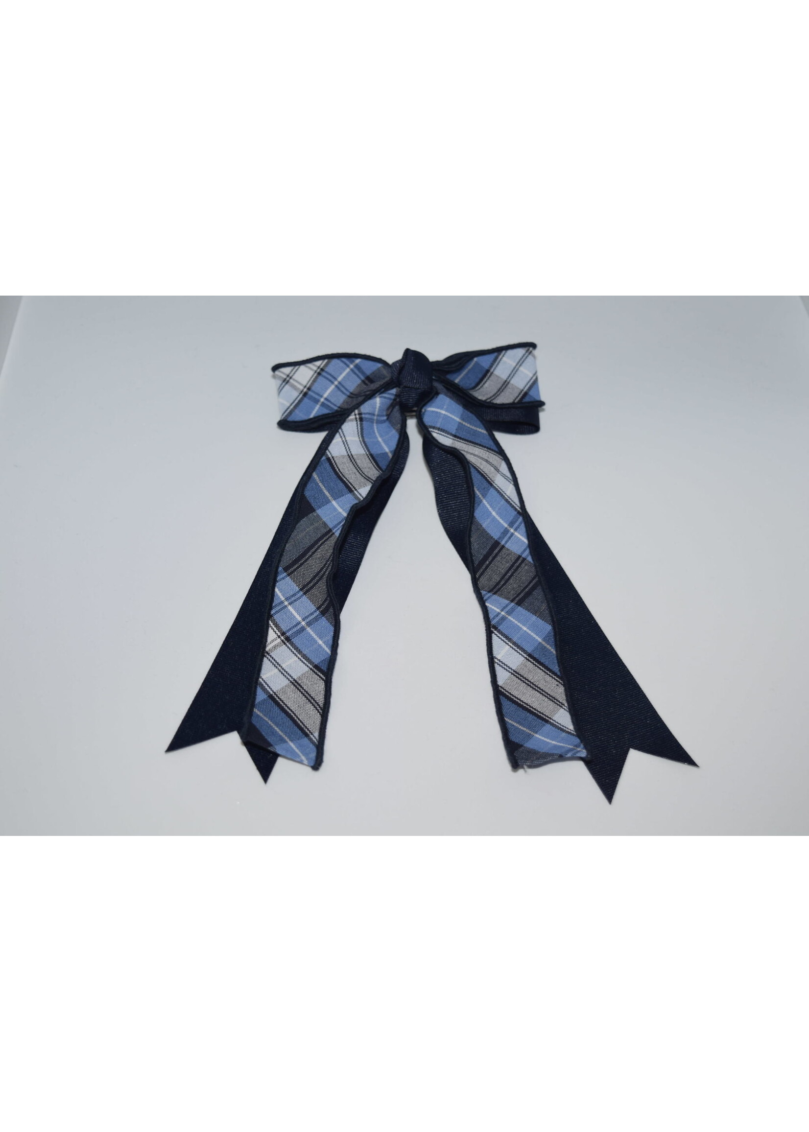 Large 2-layered plaid & grosgrain ribbon bow w/tails P76 NVY