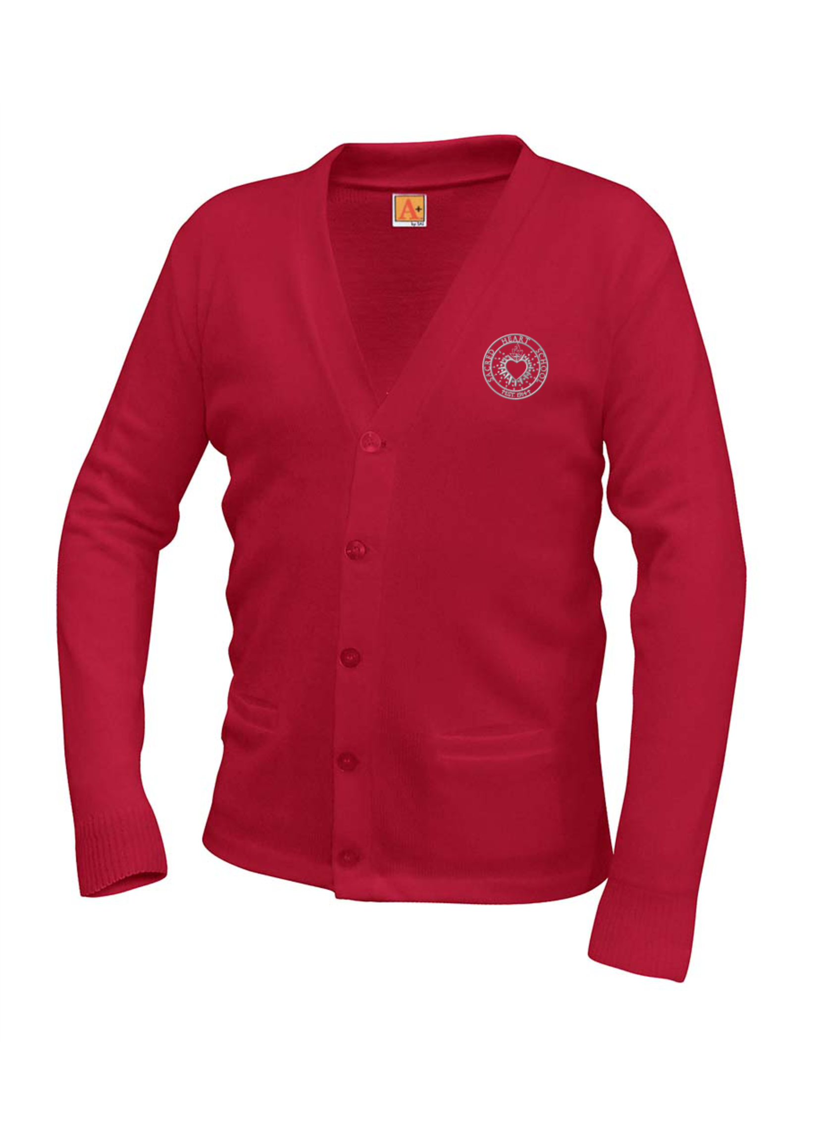 SHS Red V-neck cardigan sweater with pockets